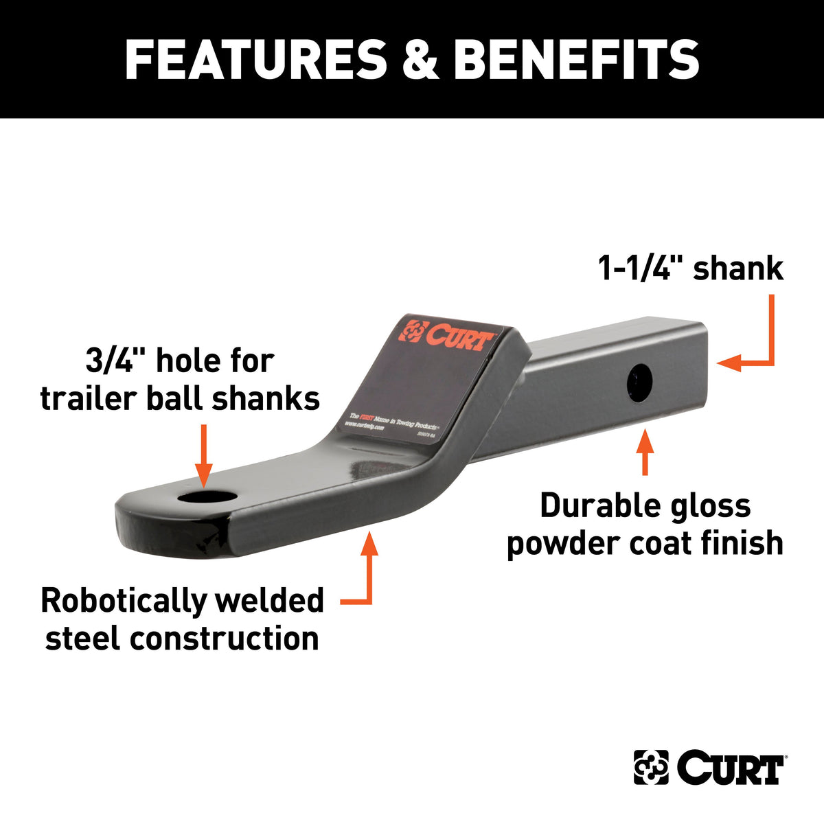CURT 45503 Class 2 Trailer Hitch Ball Mount, Fits 1-1/4-Inch Receiver, 3,500 lbs, 3/4-Inch Hole, 1-Inch Drop, 3/8-Inch Rise