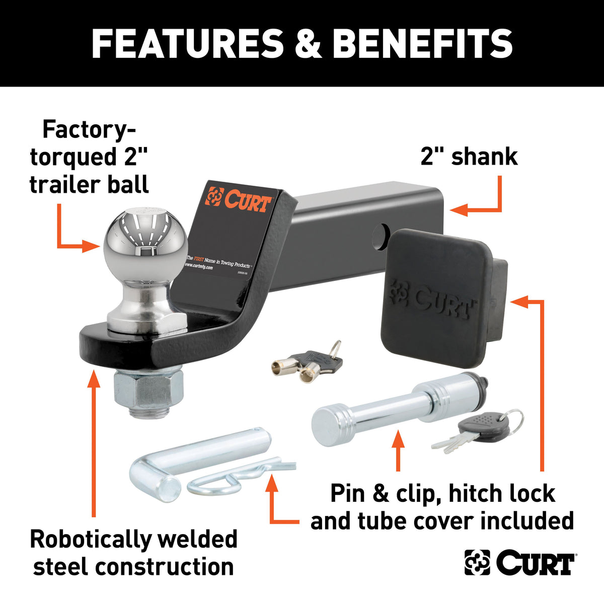 CURT 45534 Trailer Hitch Mount, 2-Inch Ball, Lock, Fits 2-In Receiver, 7,500 lbs, 2" Drop, Cap