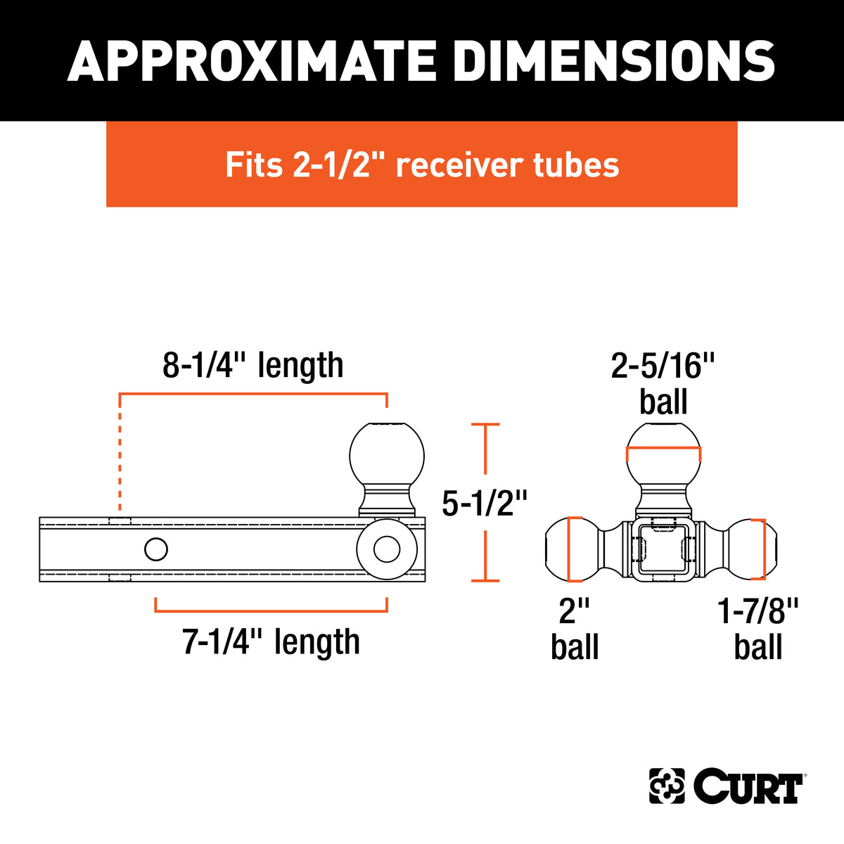 CURT 45651 Multi-Ball Trailer Hitch Ball Mount, 1-7/8, 2, 2-5/16-Inch Balls, Fits 2-1/2-Inch Receiver, 14,000 lbs
