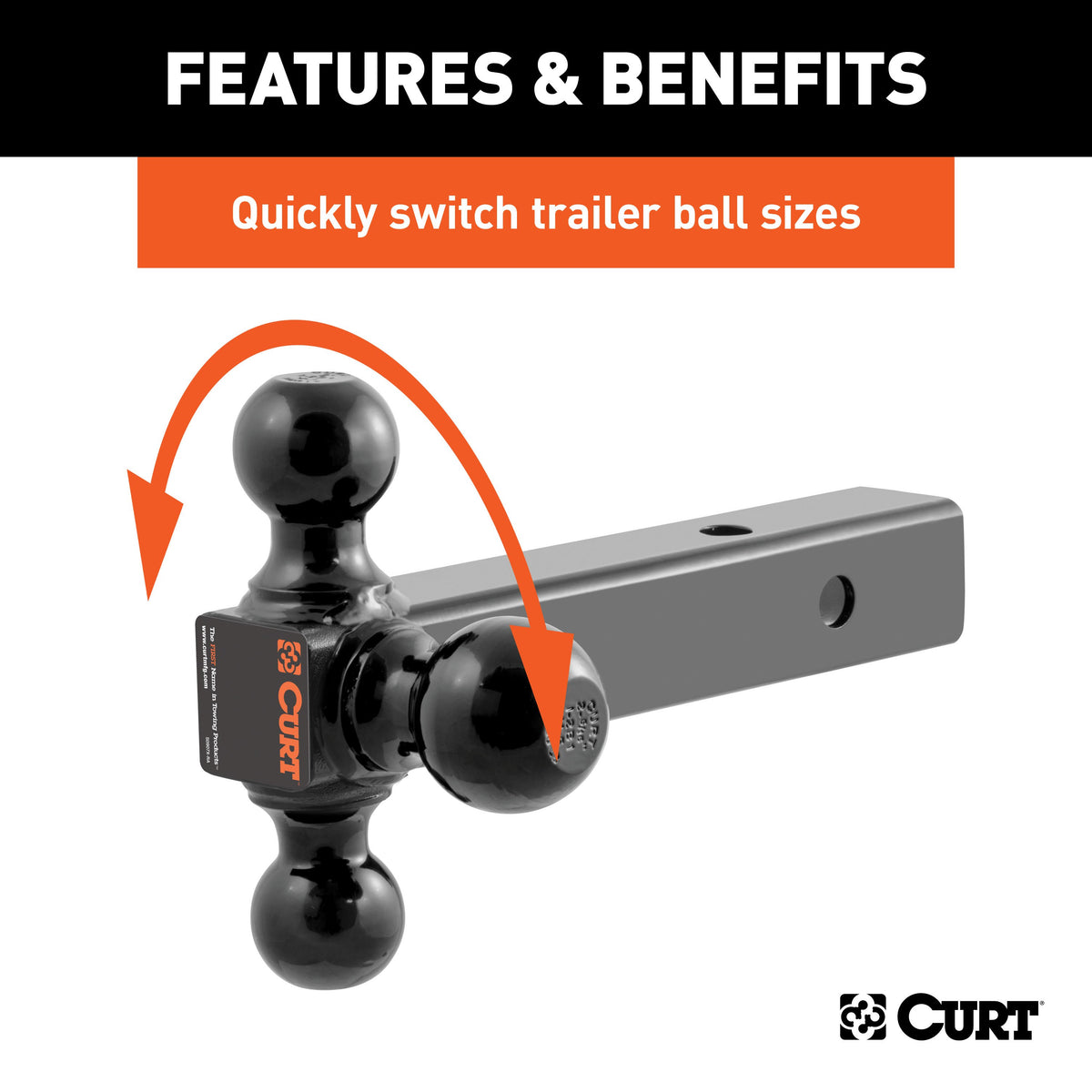 CURT 45652 Multi-Ball Trailer Hitch Ball Mount, 1-7/8, 2, 2-5/16-Inch Balls, Fits 2-Inch Receiver, 10,000 lbs