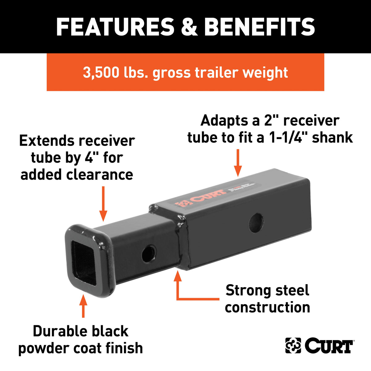 CURT 45770 Trailer Hitch Receiver Adapter Reducer, 2 to 1-1/4-Inch, 4-In Extension, 3,500 lbs