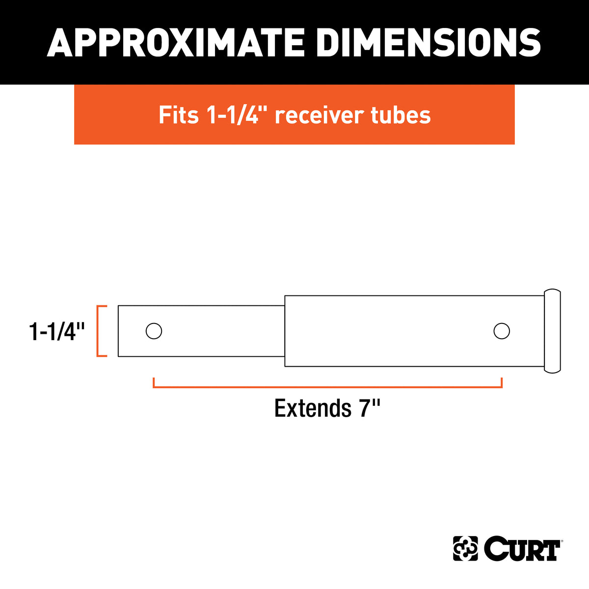 CURT 45789 7-Inch Long Trailer Hitch Extension for 1-1/4-Inch Receiver, 350 lbs