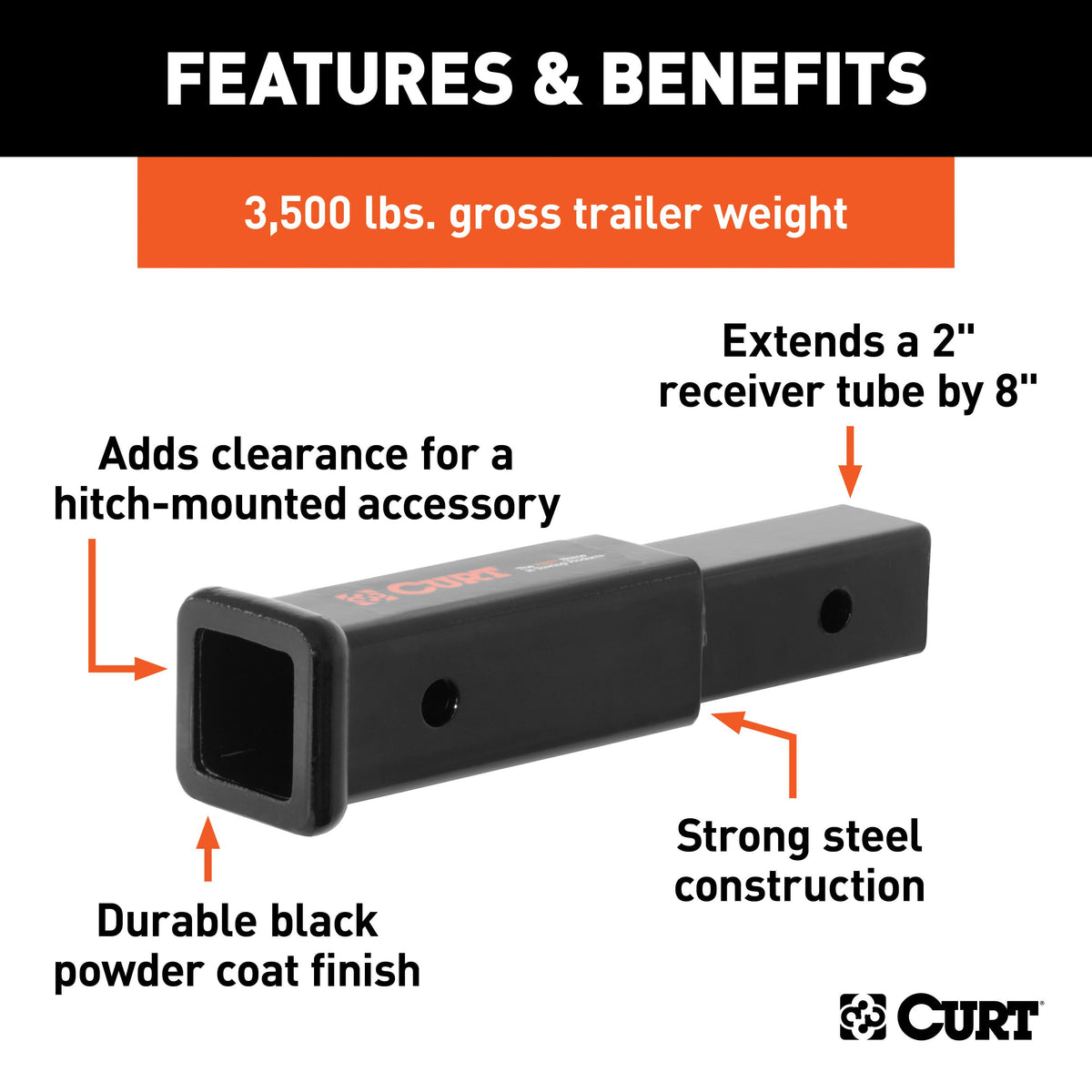 CURT 45791 8-Inch Long Trailer Hitch Extension with Solid Shank for 2-Inch Receiver, 3,500 lbs