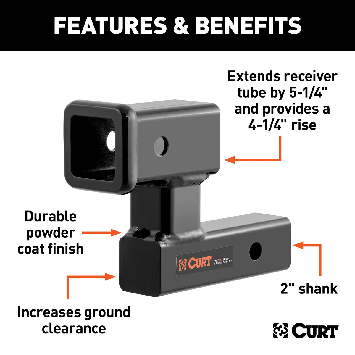 CURT 45794 Raised Trailer Hitch Extender, Fits 2-Inch Receiver, Extends 5-1/4", 4-1/4-In Rise