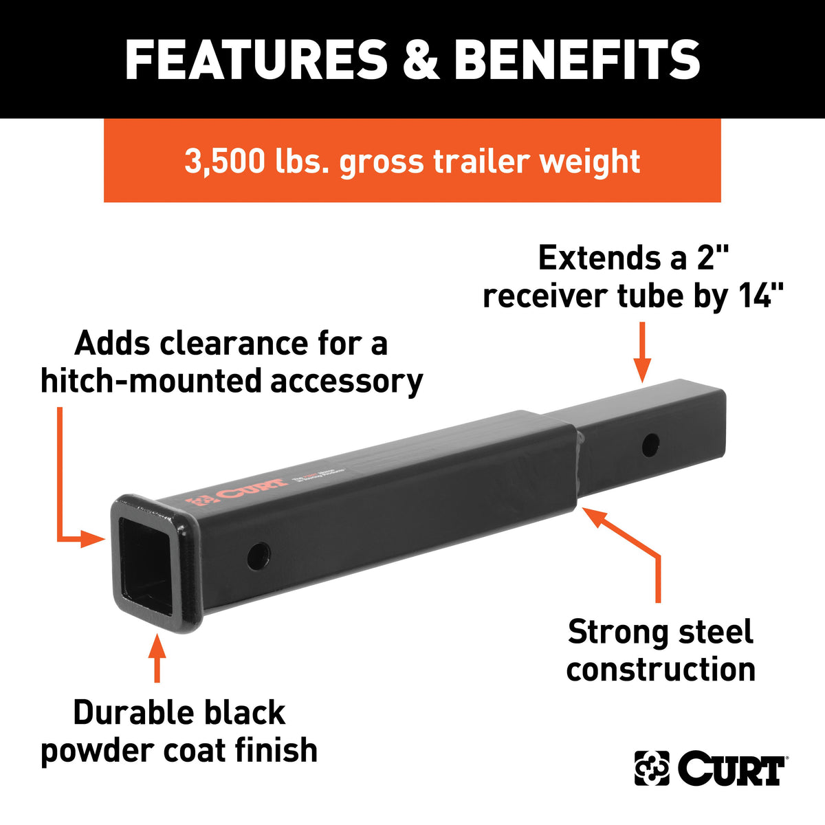 CURT 45795 14-Inch Long Trailer Hitch Extension for 2-Inch Receiver, 3,500 lbs
