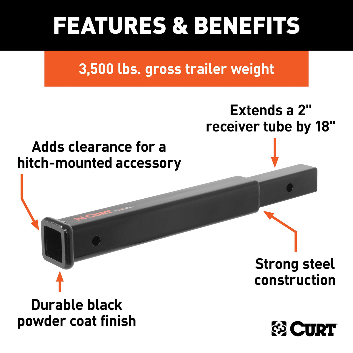 CURT 45796 18-Inch Long Trailer Hitch Extension for 2-Inch Receiver, 3,500 lbs