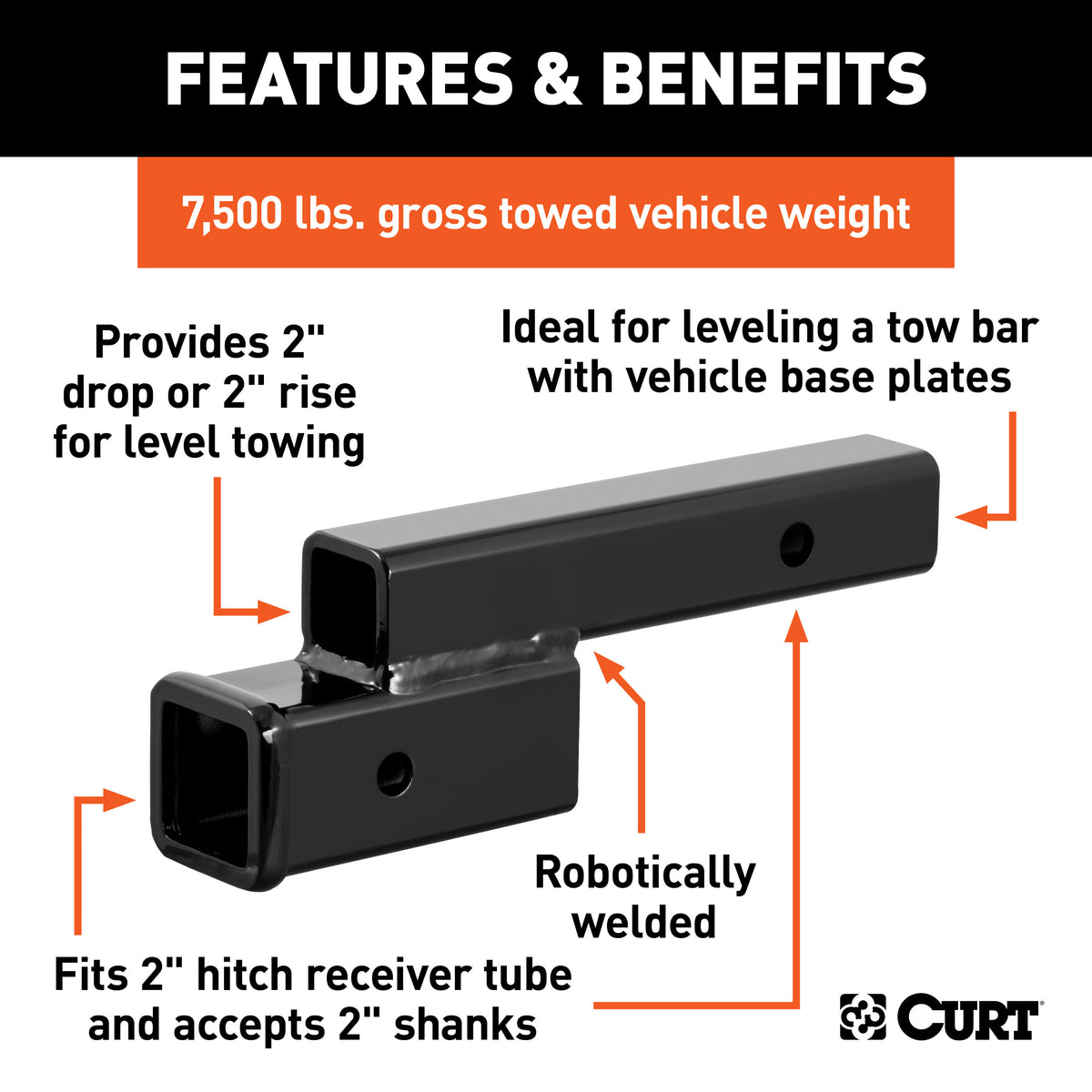 CURT 45797 Trailer Hitch Adapter, 2-Inch Receiver, 2-In Drop or Rise, 7,500 lbs