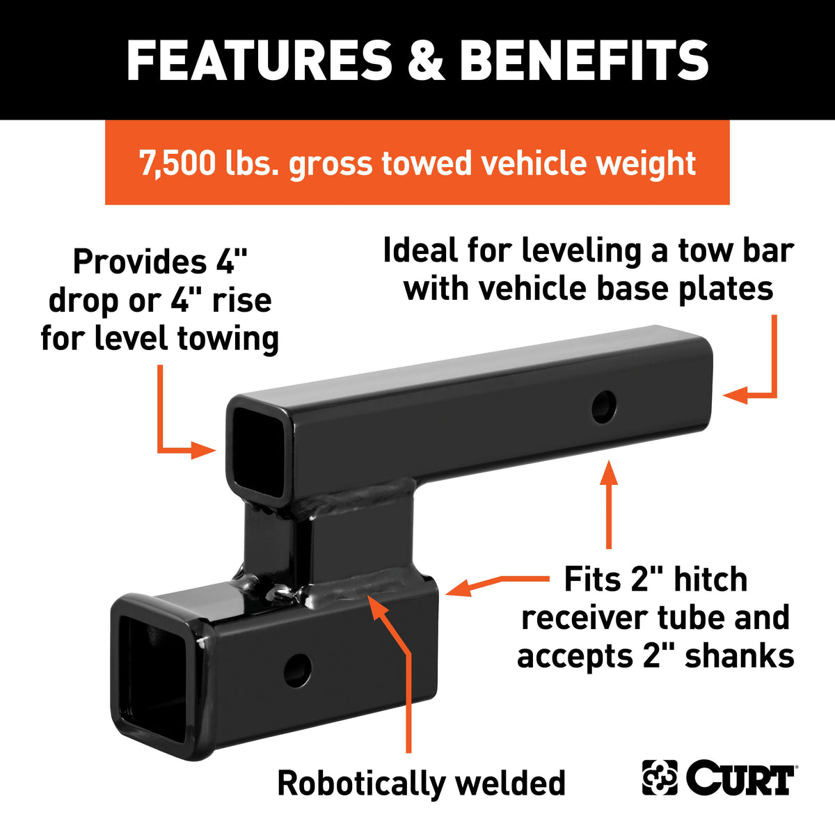 CURT 45798 Trailer Hitch Adapter, 2-Inch Receiver, 4-In Drop or Rise, 7,500 lbs