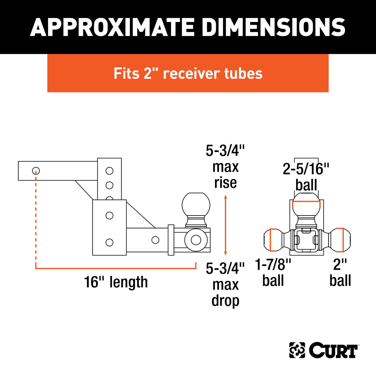CURT 45799 Adjustable Trailer Hitch Ball Mount, Fits 2-Inch Receiver, 5-3/4-Inch Drop, 1-7/8, 2, 2-5/16-Inch Balls, 10,000 lbs