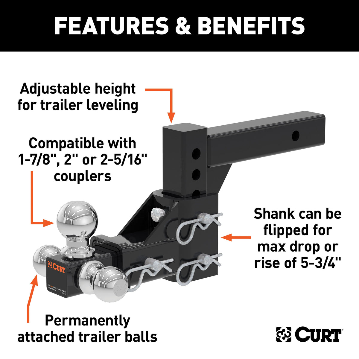 CURT 45799 Adjustable Trailer Hitch Ball Mount, Fits 2-Inch Receiver, 5-3/4-Inch Drop, 1-7/8, 2, 2-5/16-Inch Balls, 10,000 lbs