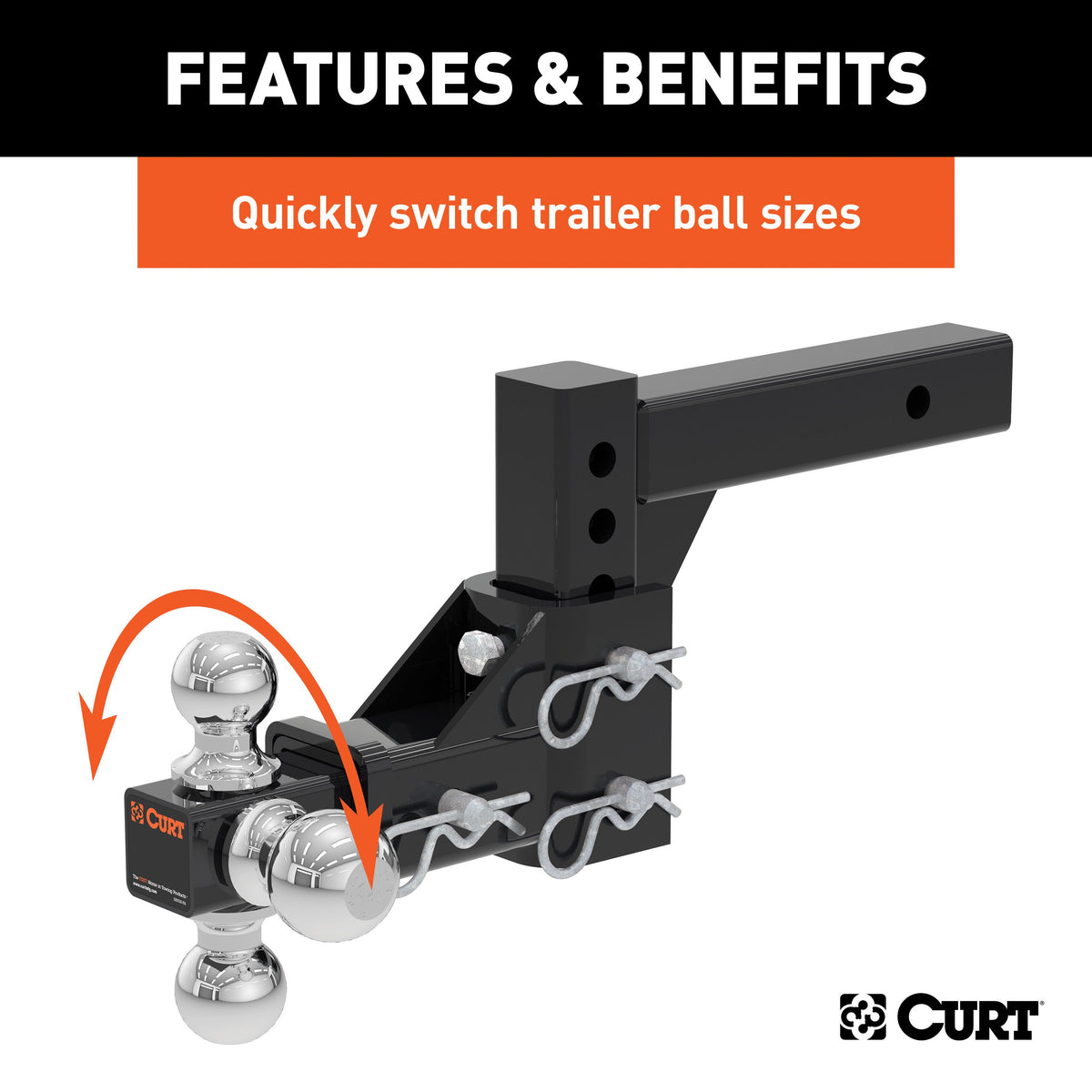 CURT 45799 Adjustable Trailer Hitch Ball Mount, Fits 2-Inch Receiver, 5-3/4-Inch Drop, 1-7/8, 2, 2-5/16-Inch Balls, 10,000 lbs