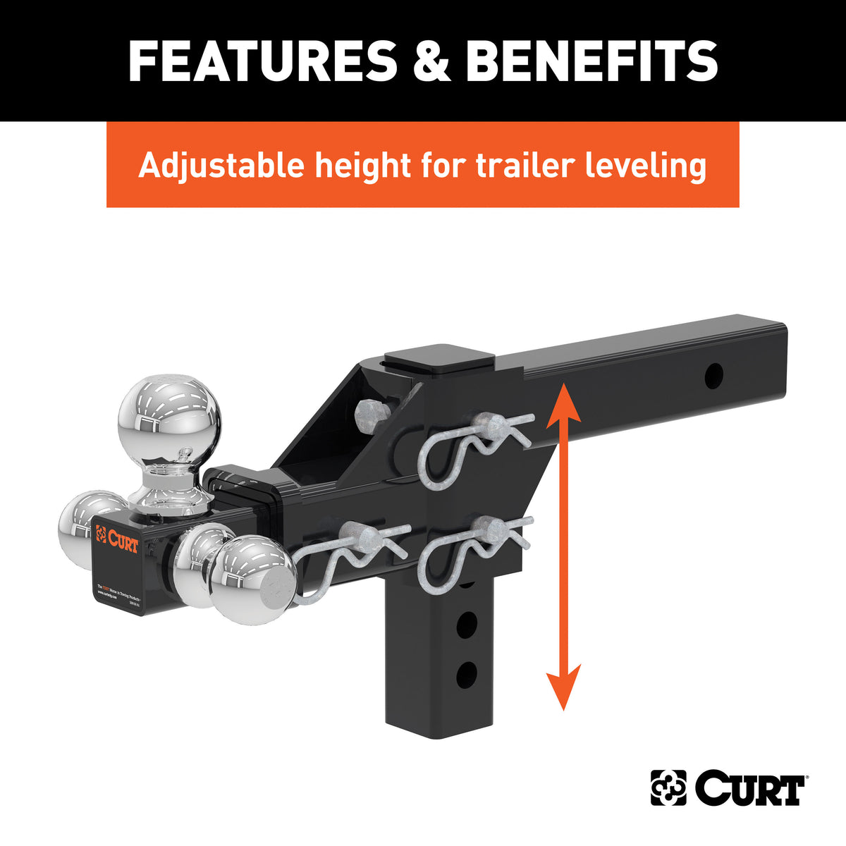 CURT 45799 Adjustable Trailer Hitch Ball Mount, Fits 2-Inch Receiver, 5-3/4-Inch Drop, 1-7/8, 2, 2-5/16-Inch Balls, 10,000 lbs