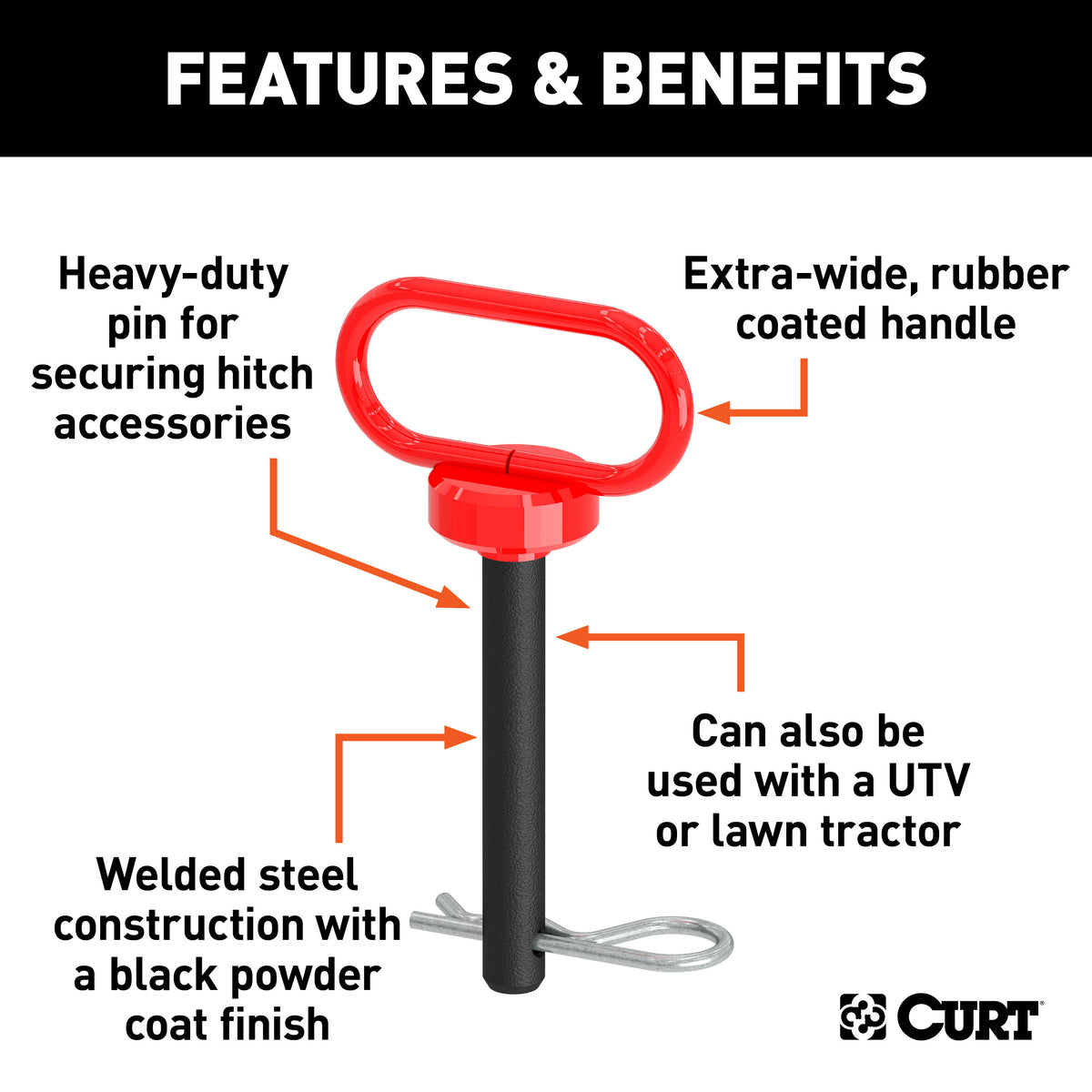 CURT 45804 5/8 x 4-Inch Clevis Pin Hitch with Rubber-Coated Handle and Clip