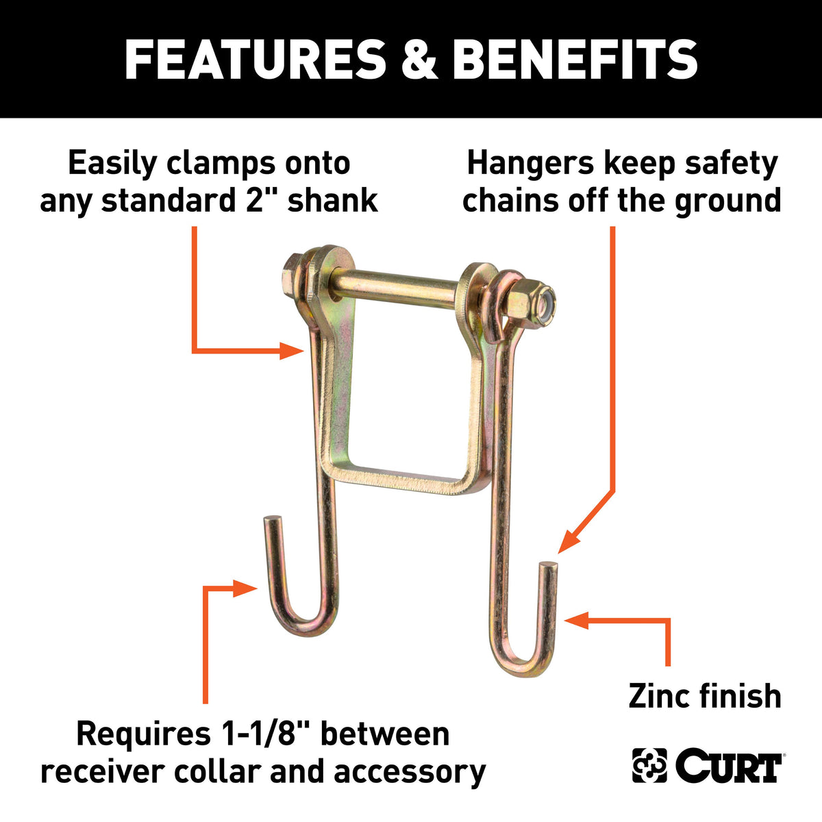CURT 45806 Trailer Safety Chain Holder Bracket for 2-inch Shank, Bolt-On Steel Hanger Hooks