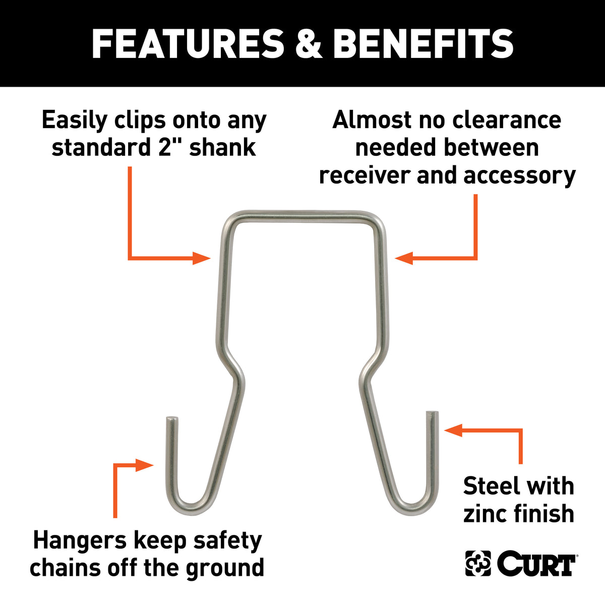 CURT 45807 Trailer Safety Chain Holder Bracket for 2-inch Shank, Clip-On Stainless Steel Hanger Hooks