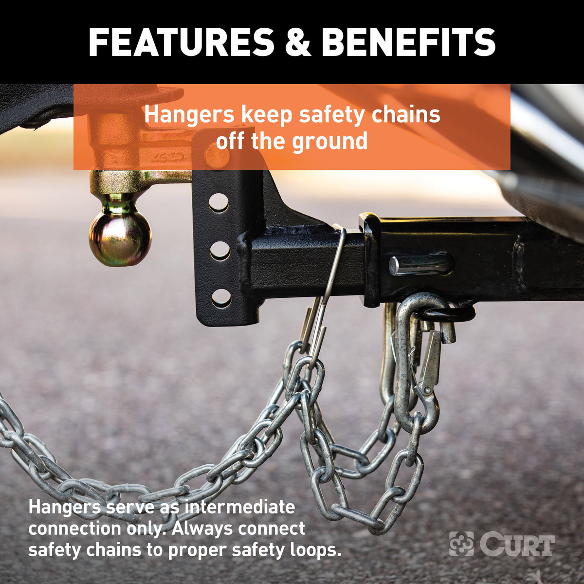 CURT 45807 Trailer Safety Chain Holder Bracket for 2-inch Shank, Clip-On Stainless Steel Hanger Hooks