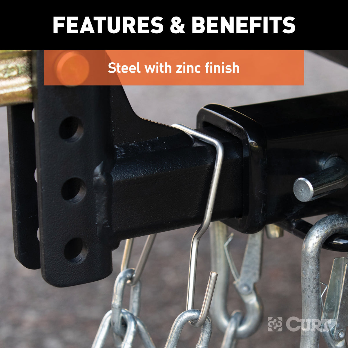 CURT 45807 Trailer Safety Chain Holder Bracket for 2-inch Shank, Clip-On Stainless Steel Hanger Hooks