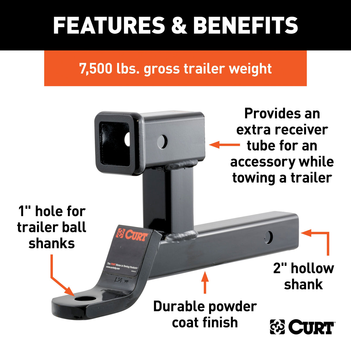 CURT 45810 Trailer Hitch Ball Mount, 2-Inch Receivers, 7,500 lbs, 1-Inch Hole, 2-In Drop
