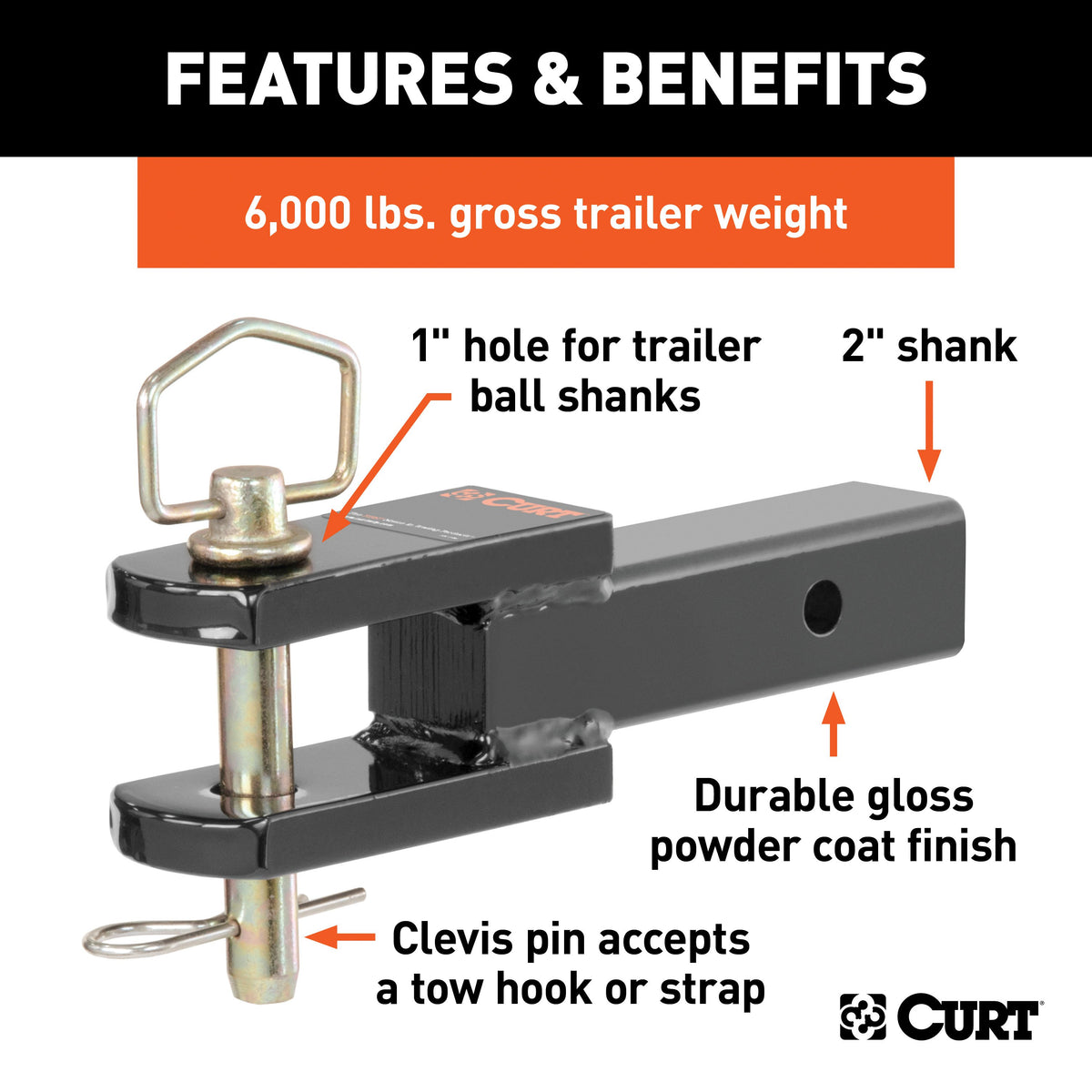 CURT 45821 Clevis Pin Hitch Ball Mount, Fits 2-Inch Receiver, 6,000 lbs, 1-Inch Hole