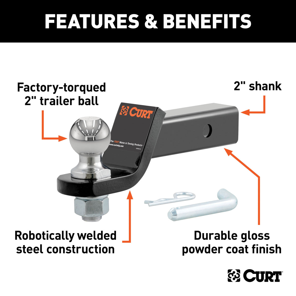CURT 45836 Trailer Hitch Mount with 2-Inch Ball & Pin, Imported, Fits 2-In Receiver, 7,500 lbs, 2" Drop
