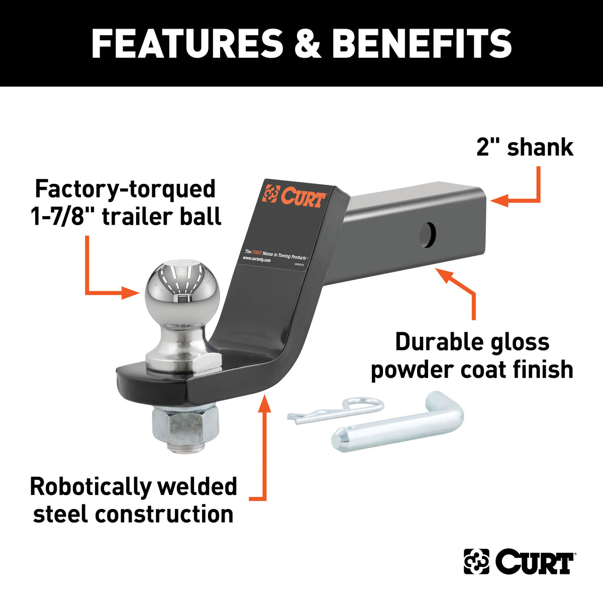 CURT 45855 Trailer Hitch Mount with 1-7/8-Inch Ball & Pin, Imported, Fits 2-Inch Receiver, 3,500 lbs, 4-Inch Drop