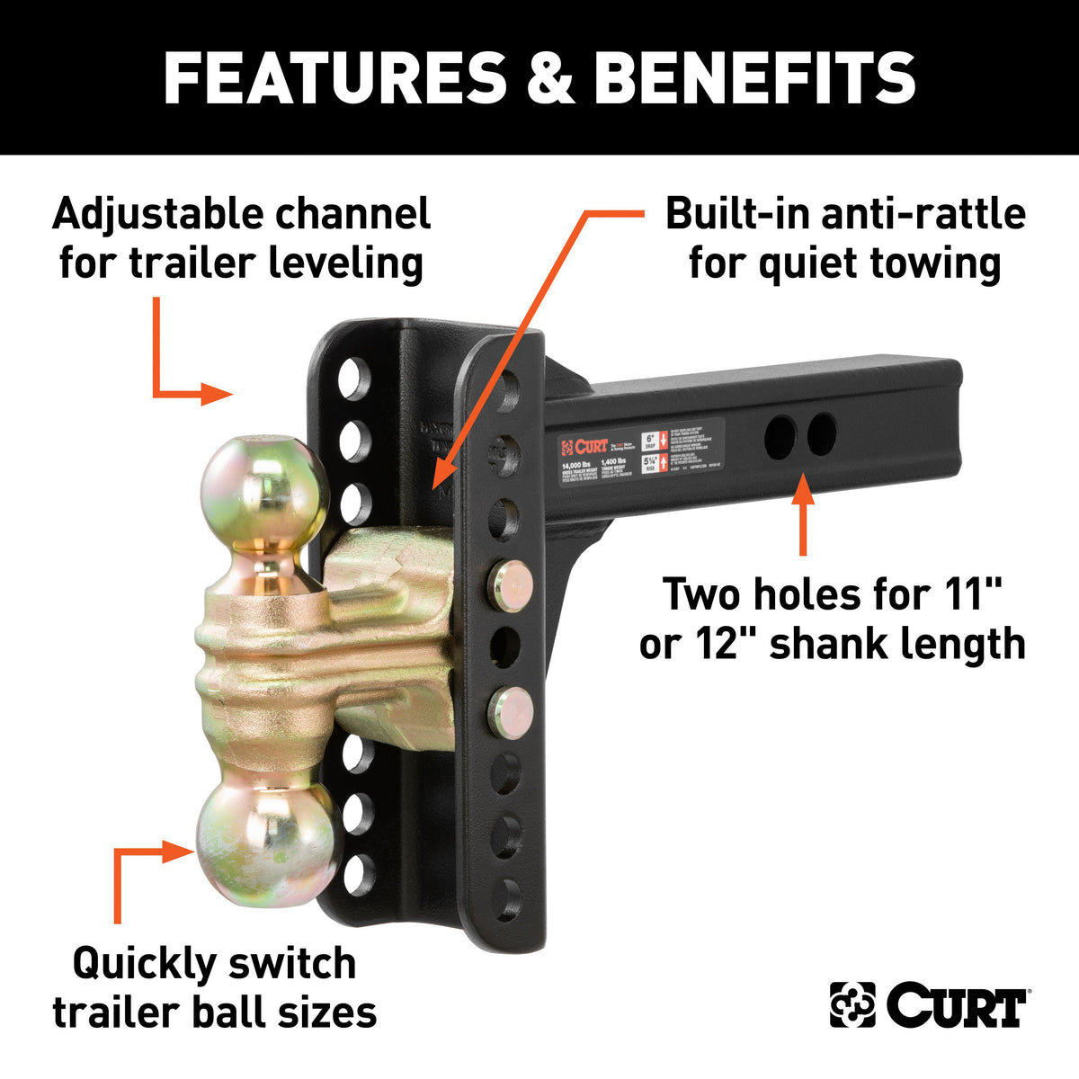 CURT 45900 Adjustable Trailer Hitch Ball Mount, 2-Inch Receiver, 6-Inch Drop, 2 and 2-5/16-Inch Balls, 14,000 lbs