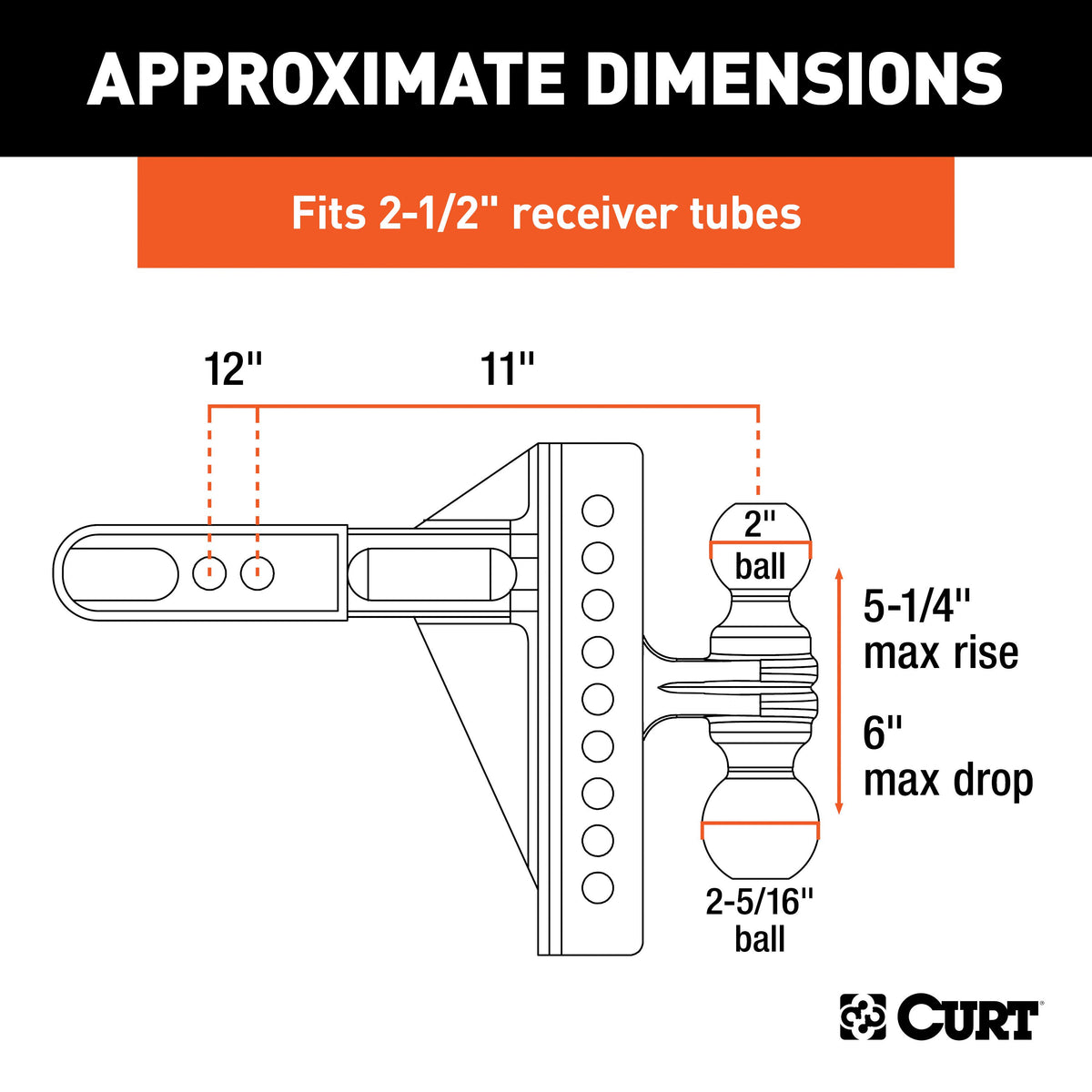 CURT 45902 Adjustable Trailer Hitch Ball Mount, 2-1/2-Inch Receiver, 6-Inch Drop, 2 and 2-5/16-Inch Balls, 20,000 lbs