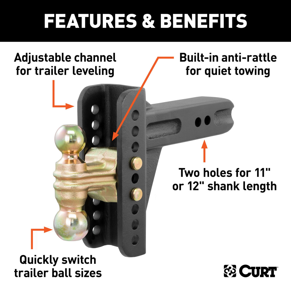 CURT 45902 Adjustable Trailer Hitch Ball Mount, 2-1/2-Inch Receiver, 6-Inch Drop, 2 and 2-5/16-Inch Balls, 20,000 lbs