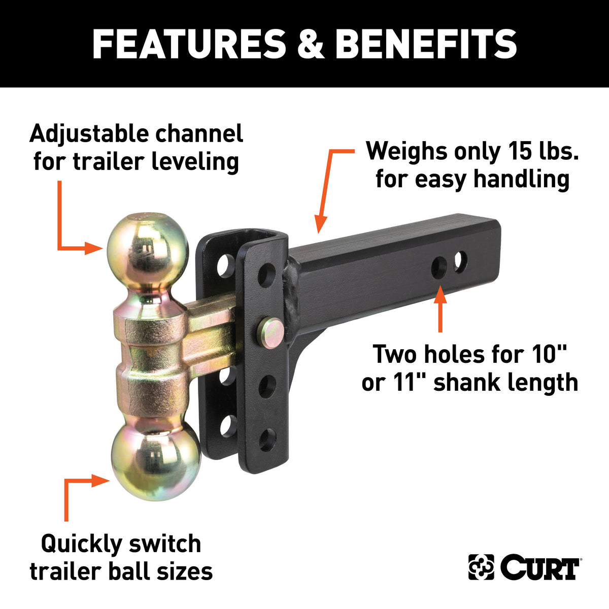 CURT 45903 Slim Adjustable Trailer Hitch Ball Mount, Fits 2-Inch Receiver, 3-3/4-In Drop, 2 or 2-5/16-Inch Balls, 10,000 Pounds