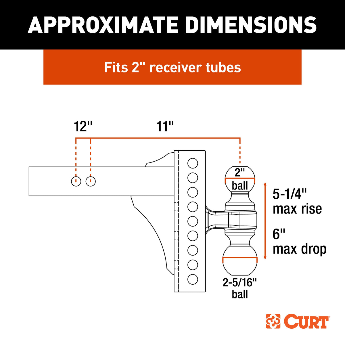 CURT 45904 Adjustable Trailer Hitch Ball Mount, Tow Hook Step, 2-Inch Receiver, 6-Inch Drop, 2 and 2-5/16-Inch Balls, 14,000 lbs