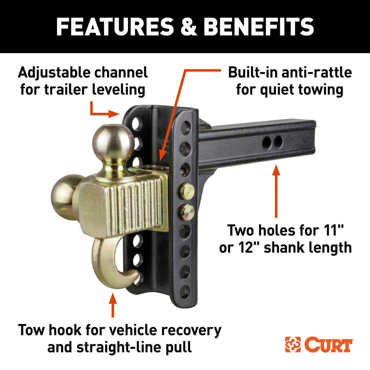 CURT 45904 Adjustable Trailer Hitch Ball Mount, Tow Hook Step, 2-Inch Receiver, 6-Inch Drop, 2 and 2-5/16-Inch Balls, 14,000 lbs