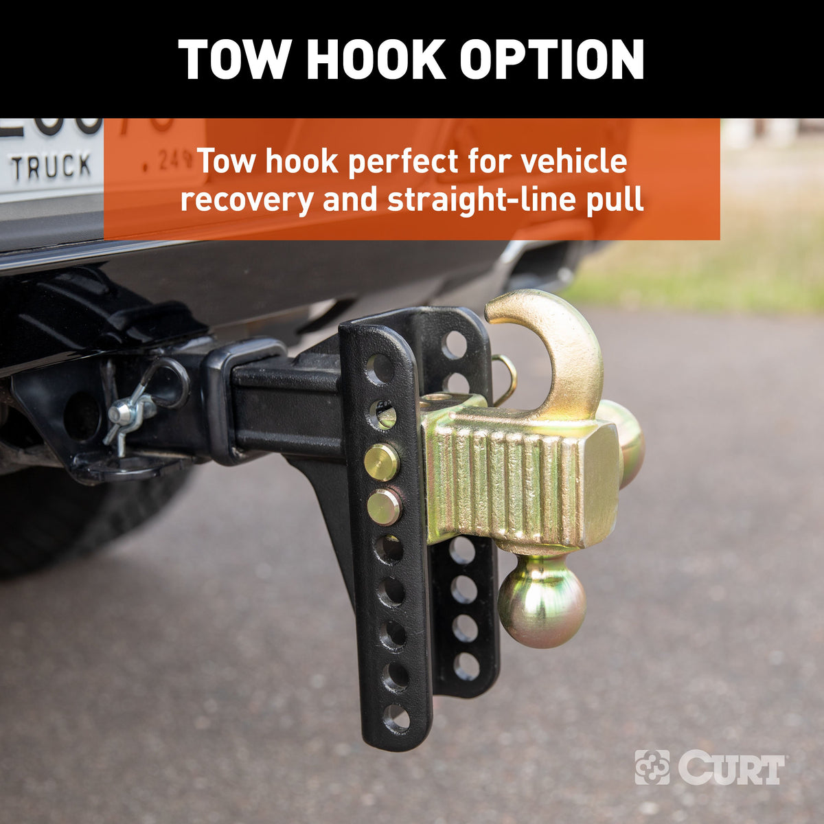CURT 45904 Adjustable Trailer Hitch Ball Mount, Tow Hook Step, 2-Inch Receiver, 6-Inch Drop, 2 and 2-5/16-Inch Balls, 14,000 lbs