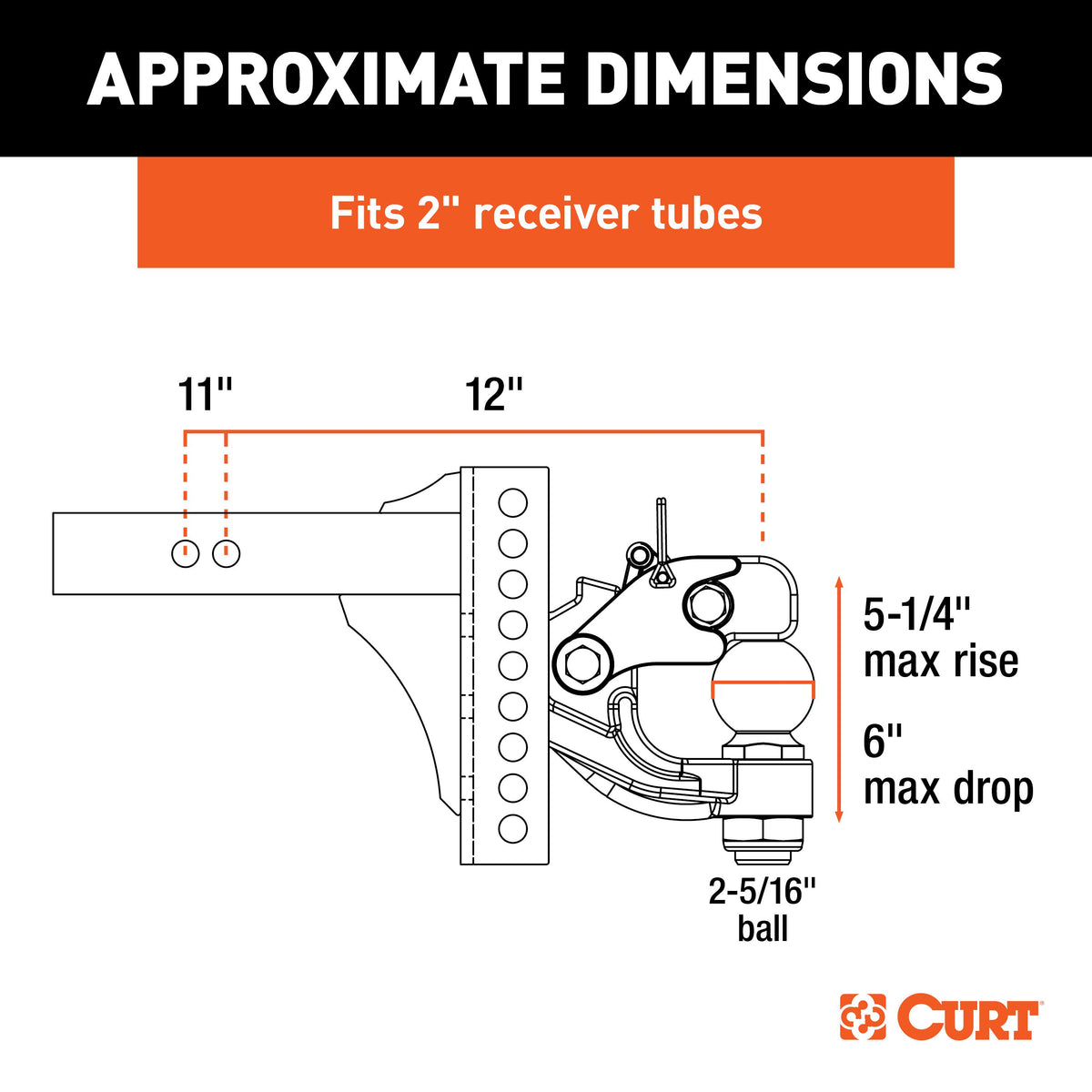 CURT 45907 Adjustable Pintle Hitch Combination, 2-Inch Receiver, 6-Inch Drop, 2-5/16-Inch Ball, 13,000 lbs