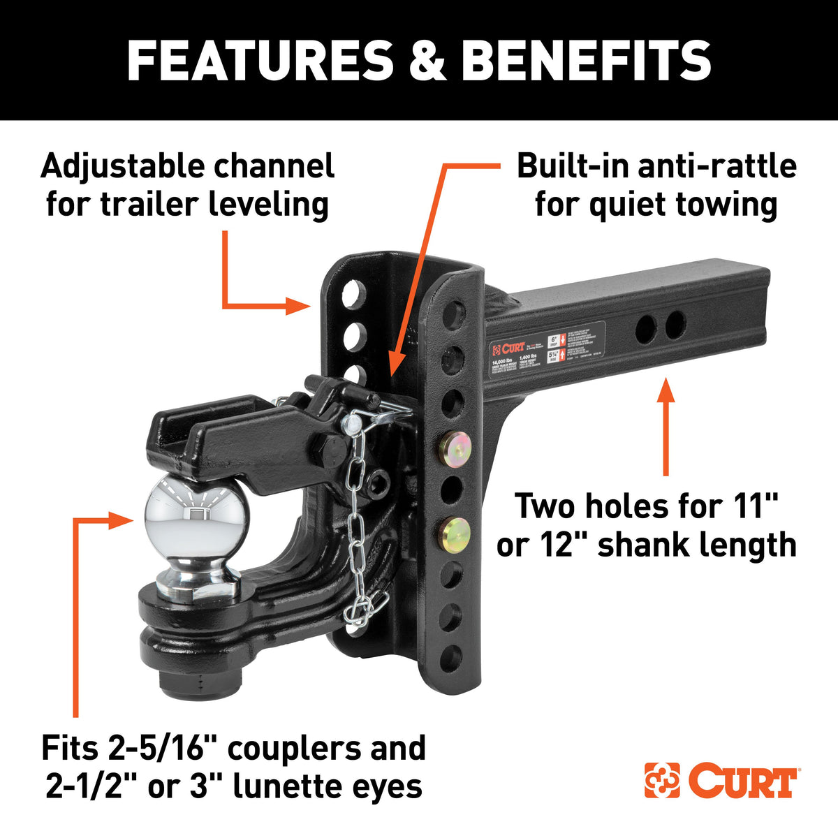 CURT 45907 Adjustable Pintle Hitch Combination, 2-Inch Receiver, 6-Inch Drop, 2-5/16-Inch Ball, 13,000 lbs