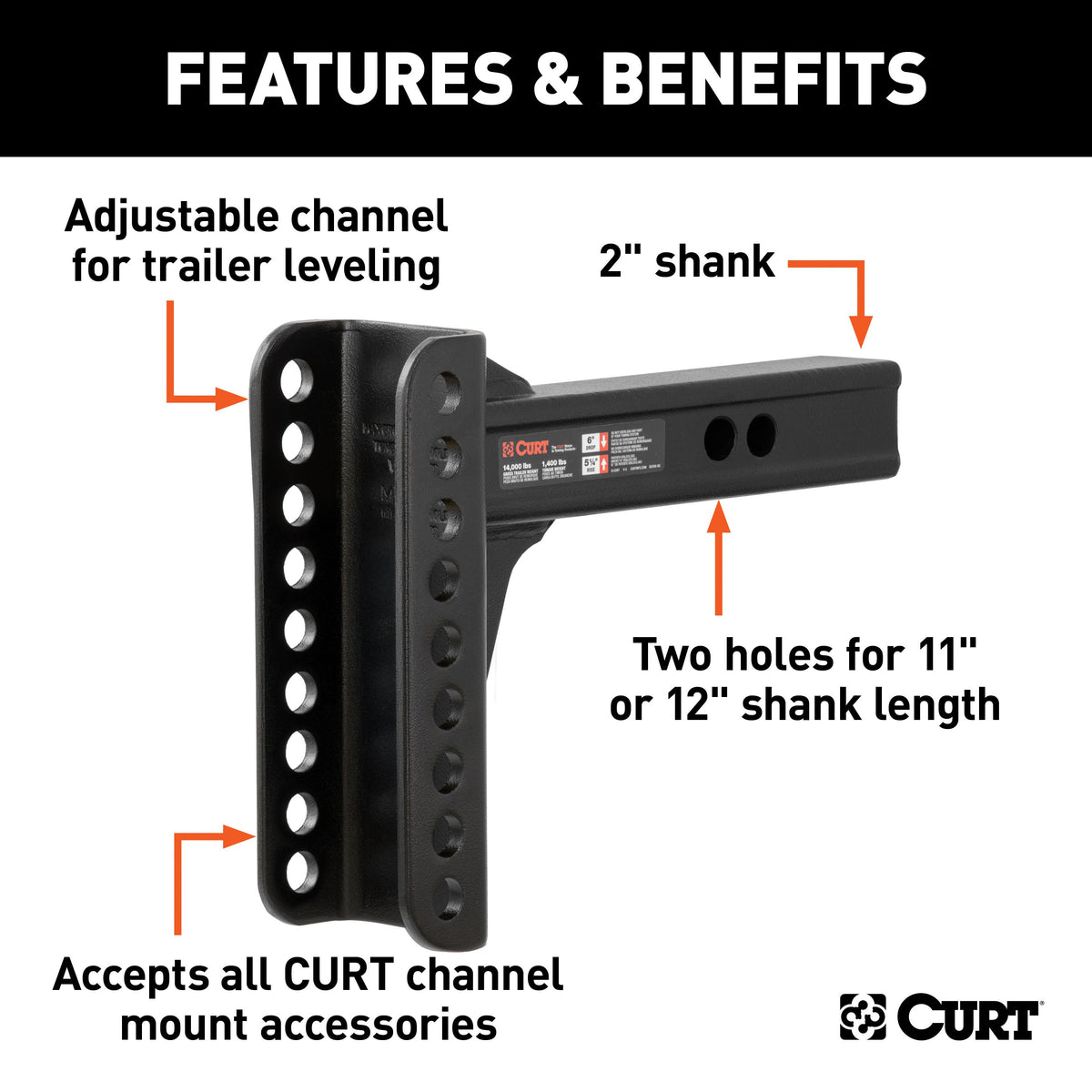 CURT 45910 Replacement Shank for Adjustable Trailer Hitch Ball Mount #45900 or #45907, Fits 2-Inch Receiver