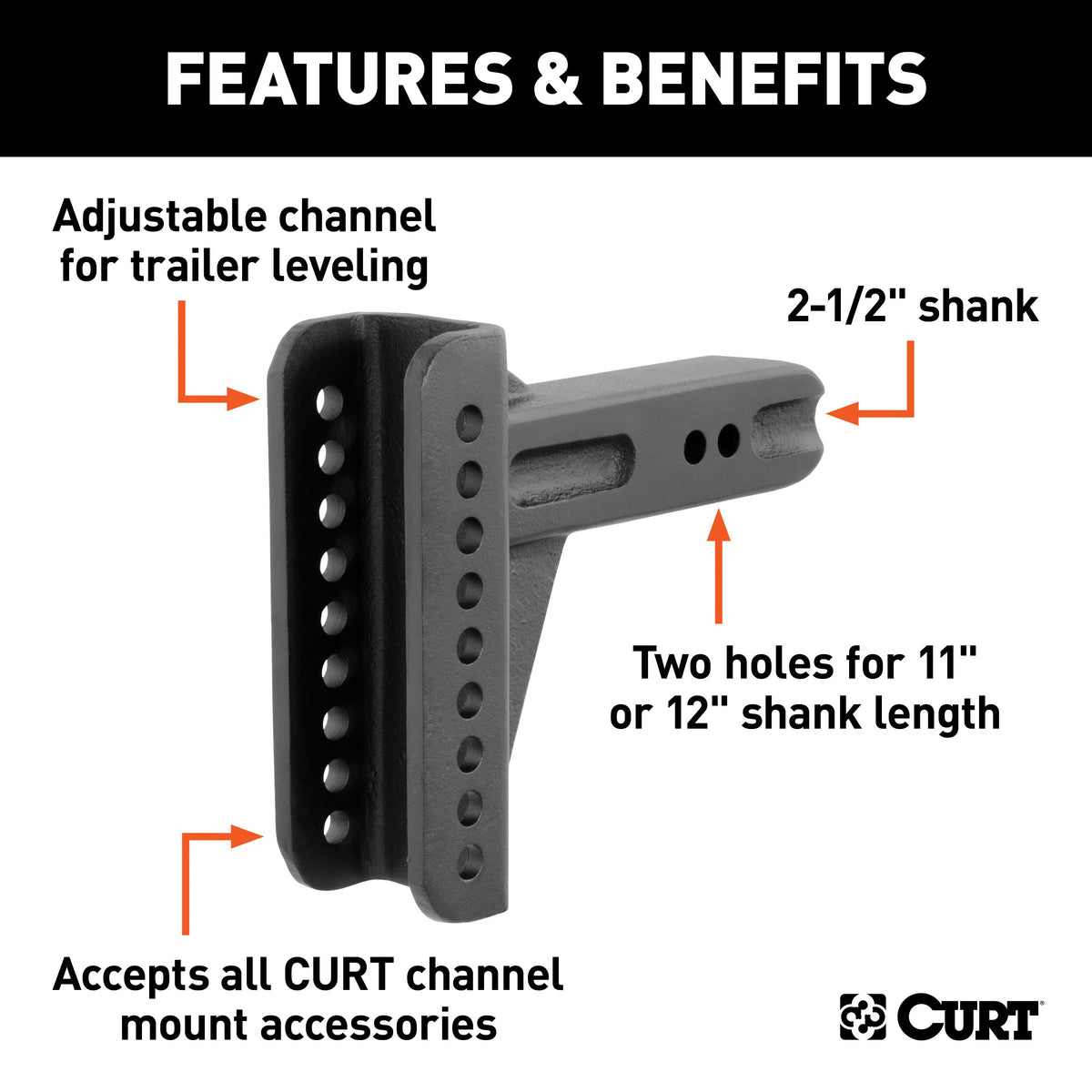 CURT 45917 Replacement Shank for Adjustable Trailer Hitch Ball Mount #45902 or #45908, Fits 2-1/2-Inch Receiver