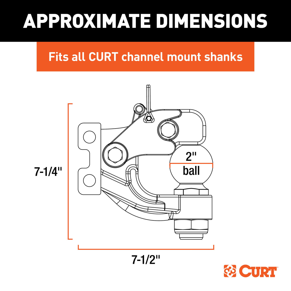 CURT 45919 Channel Mount Pintle Attachment with 2-Inch Ball, 10,000 lbs, Shank Required