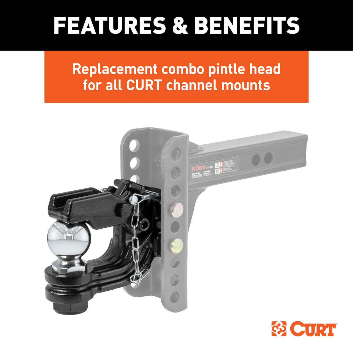 CURT 45919 Channel Mount Pintle Attachment with 2-Inch Ball, 10,000 lbs, Shank Required