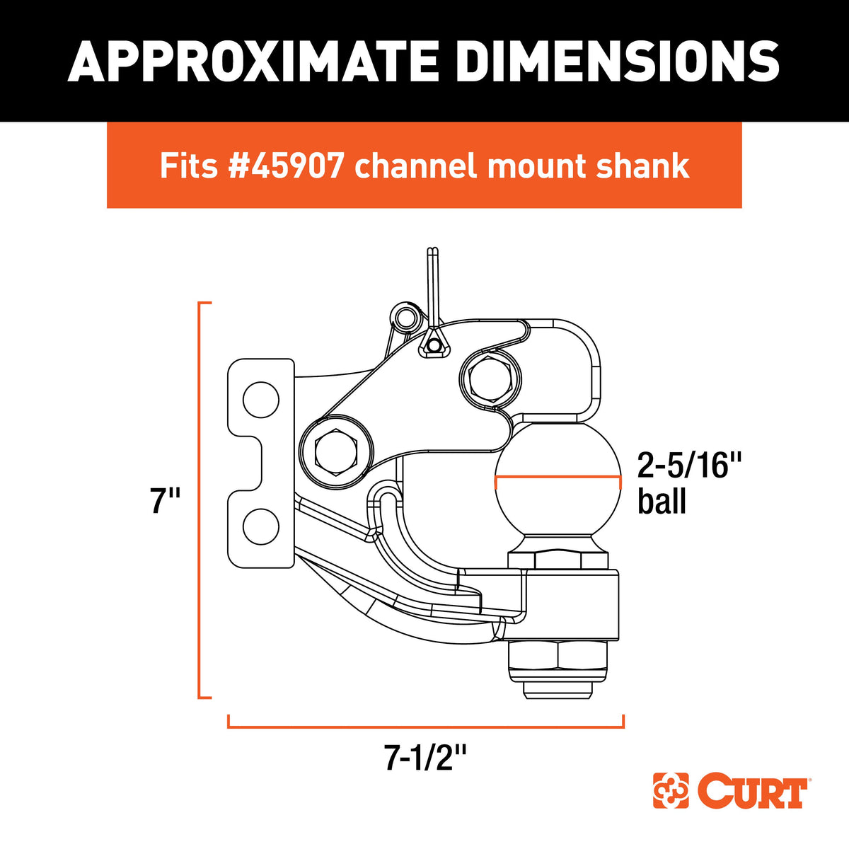 CURT 45920 Channel Mount Pintle Attachment with 2-5/16-Inch Ball, 13,000 lbs, Shank Required