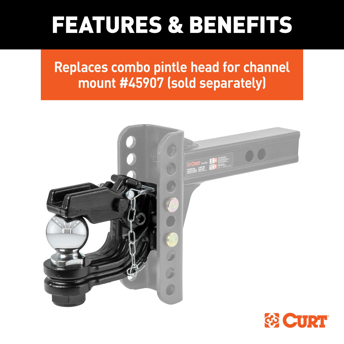 CURT 45920 Channel Mount Pintle Attachment with 2-5/16-Inch Ball, 13,000 lbs, Shank Required