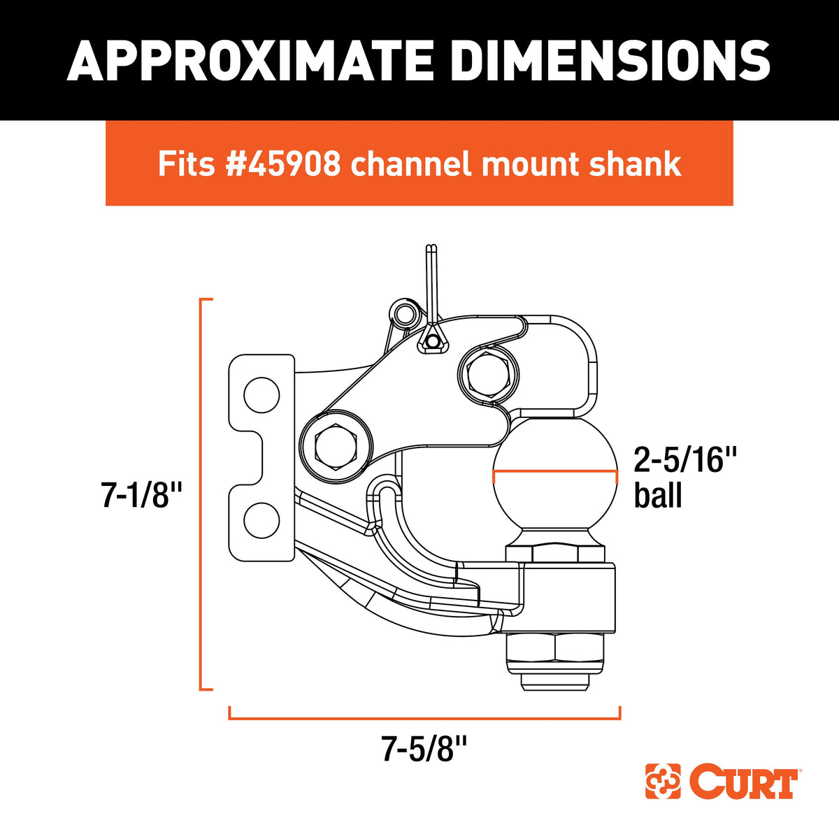 CURT 45922 Channel Mount Pintle Attachment with 2-5/16-Inch Ball, 20,000 lbs, Shank Required