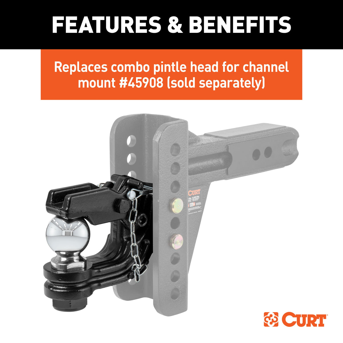 CURT 45922 Channel Mount Pintle Attachment with 2-5/16-Inch Ball, 20,000 lbs, Shank Required