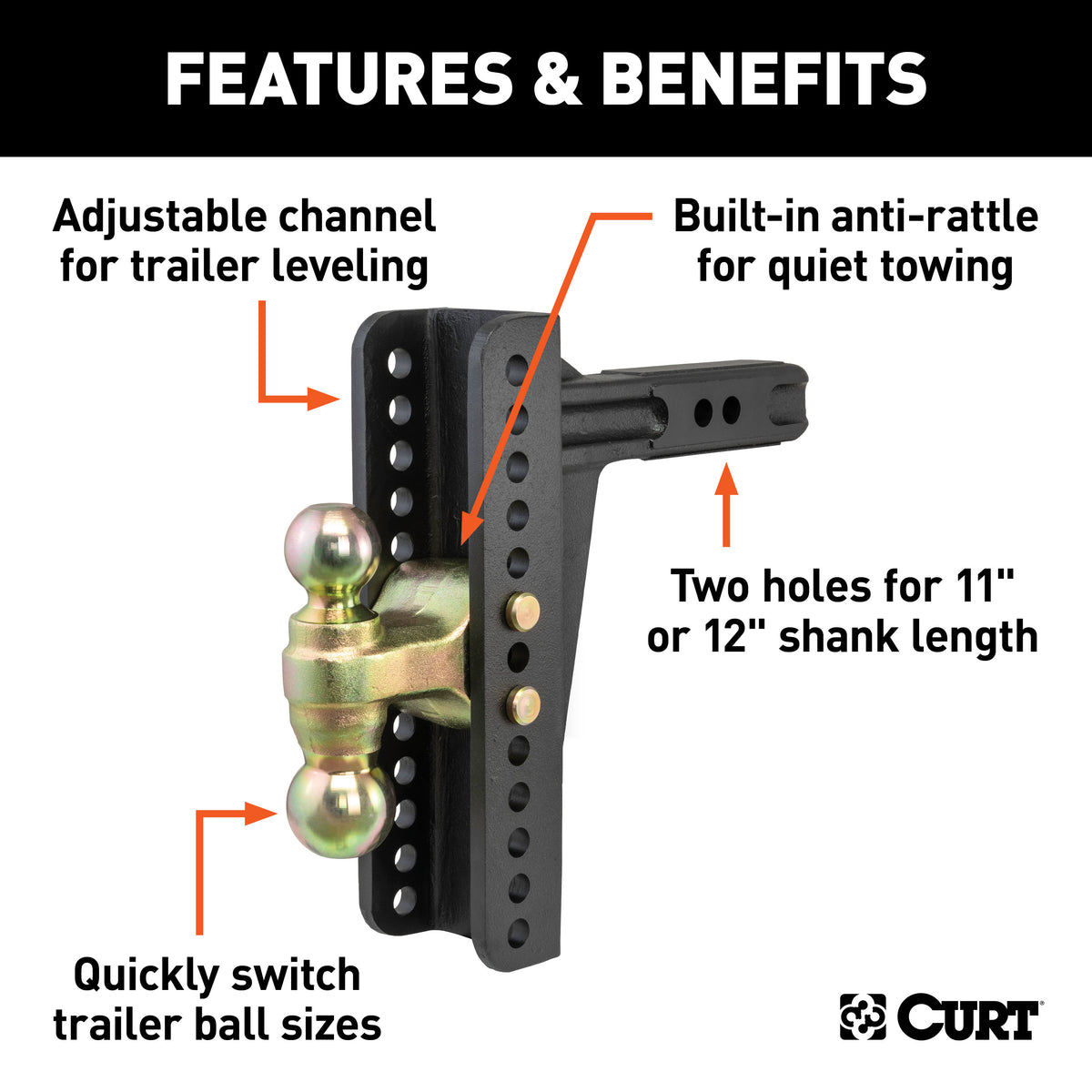 CURT 45926 Adjustable Trailer Hitch Ball Mount, 2-Inch Receiver, 10-1/8-Inch Drop, 2 and 2-5/16-Inch Balls, 14,000 lbs