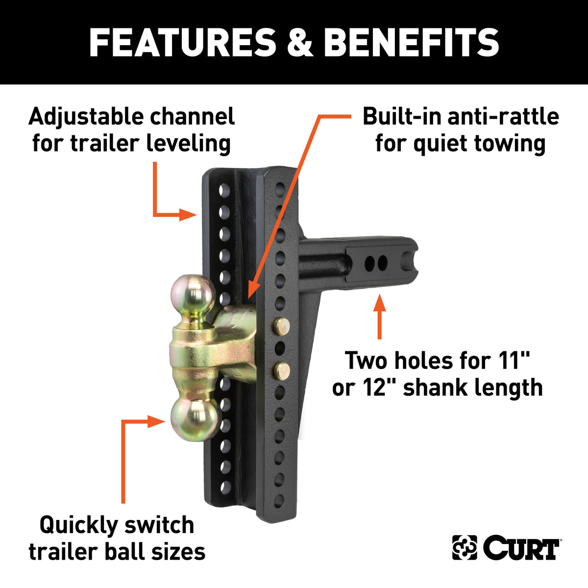 CURT 45927 Adjustable Trailer Hitch Ball Mount, 2-1/2-Inch Receiver, 10-3/8-Inch Drop, 2 and 2-5/16-Inch Balls, 20,000 lbs