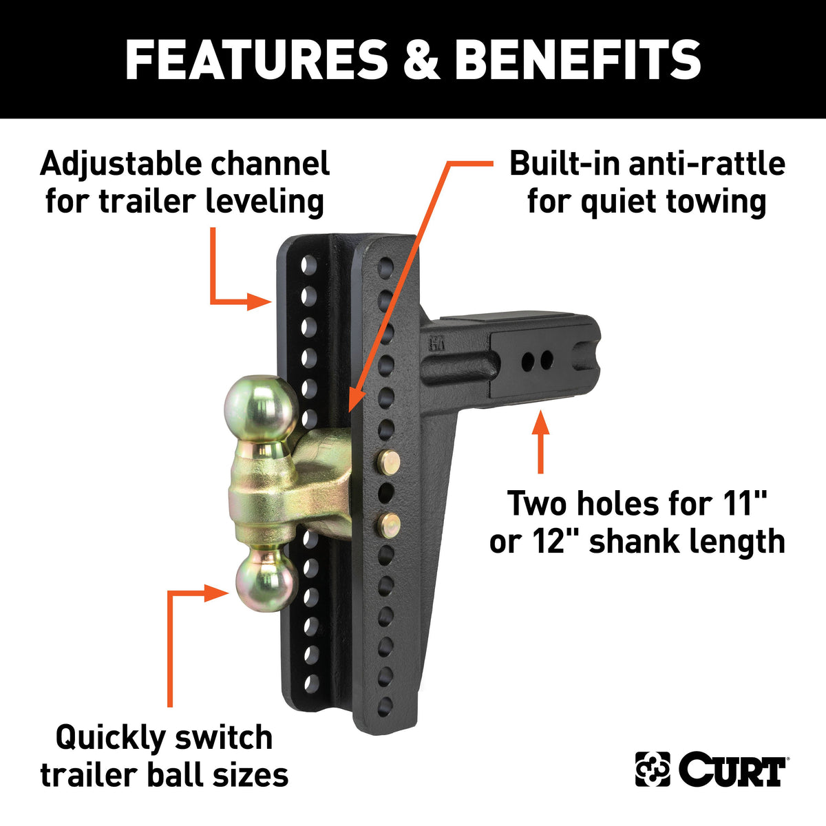 CURT 45928 Adjustable Trailer Hitch Ball Mount, 3-Inch Receiver, 10-5/8-Inch Drop, 2 and 2-5/16-Inch Balls, 21,000 lbs