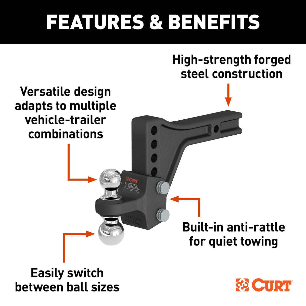 CURT 45935 Adjustable Trailer Hitch Ball Mount with Dual Ball, 2" Shank, Up to 15,000 lbs