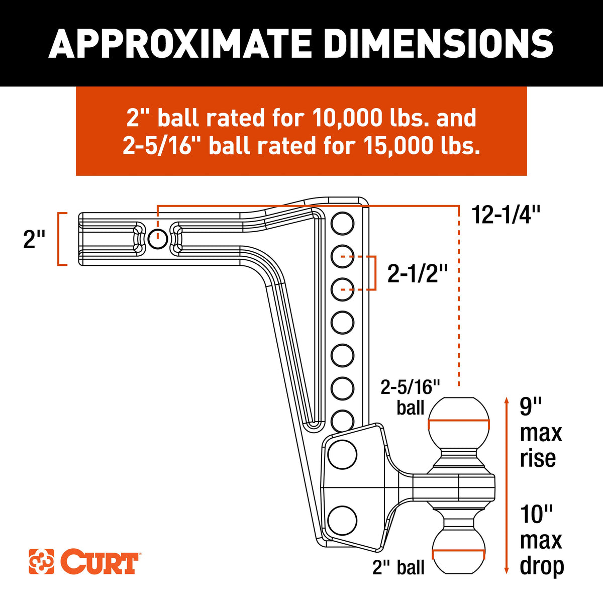CURT 45936 Deep-Drop Adjustable Trailer Hitch Ball Mount with Dual Ball, 2" Shank, Up to 15,000 lbs