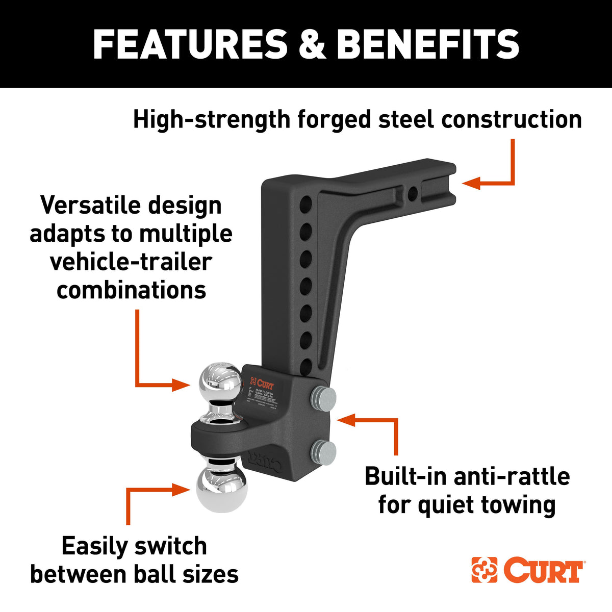 CURT 45936 Deep-Drop Adjustable Trailer Hitch Ball Mount with Dual Ball, 2" Shank, Up to 15,000 lbs