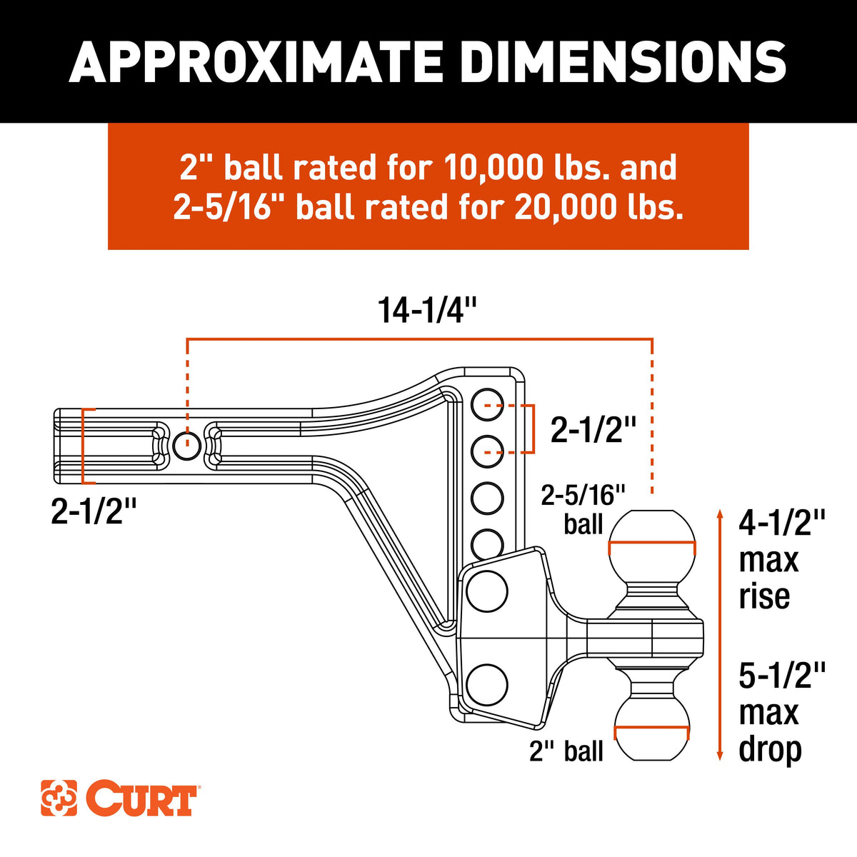 CURT 45937 HD Adjustable Hitch Ball Mount with Dual Ball, 2-1/2" Shank, Up to 20,000 lbs