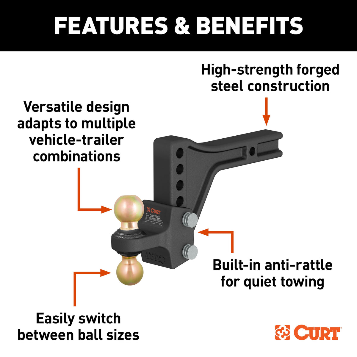 CURT 45937 HD Adjustable Hitch Ball Mount with Dual Ball, 2-1/2" Shank, Up to 20,000 lbs